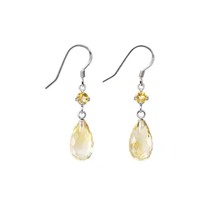 Fashion Jewelry 925 Sterling Silver Pear Gold Yellow Citrine Stone Women Long Drop Dangle Bridal Women Hook Earrings