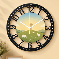 Horloge murale en métal style pastoral, silencieuse, à quartz, avec motif mouton, croix et lever de soleil, pour décoration murale de maison de campagne