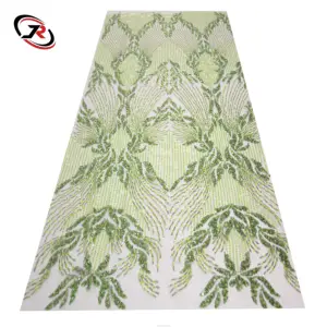 Colección de bosque verde de diseñador de Oriente Medio, tela bordada de malla de lentejuelas con cuentas de dos tonos, tela de vestido de novia