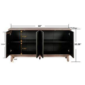 Mid Century Sideboard Buffet Cabinet 60 In Solid Wood Legs 4 Convex Diamond Pattern <b>Storage</b> Credenza <b>Kitchen</b> Cabinet - Product Image 5