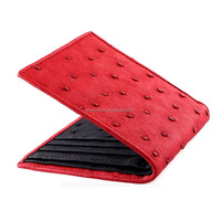 Dompet Lipat Dua Warna Kulit Asli Motif Burung Unta untuk Pria, Dompet Pendek Mewah Bertekstur Eksotis Kontras dengan Banyak Slot Kartu