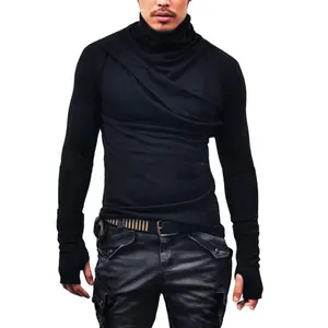 Spring Fashion streetwear Male Slim Fit Long Sleeve T-Shirt With-Gloves Mens Cotton Tshirts Motor Biker Tees Tops