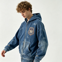 Sweat à capuche zippé bleu épais, délavé vintage, effet usé, avec badge 99, délavé à l'acide, style streetwear, effet soleil, en molleton de coton pour homme