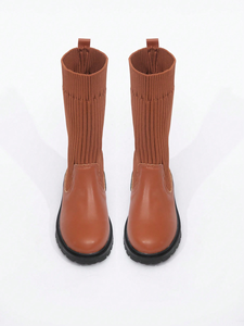 Kids Winter Fashion Solid Color Leather Knitted Over Ankle <b>High</b> Leg Children Long Boots - Product Image 2