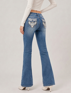Jeans a Zampa d'Elefante da Donna con Ricamo sulla Tasca Posteriore, Elasticizzati, per Uso Quotidiano, Prezzo Scontato all'Ingrosso - Product Image 2