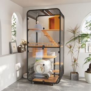 Villa moderna de lujo para gatos, nueva estructura de acero con ruedas universales, casa de madera para mascotas para sala de estar soleada - Product Image 3
