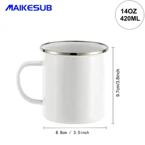 420ml 14oz Sublimation Enamel Mug Chinese Style Camping Coffee Steel Mug Blank White Mugs With Silver Rim For Tea Use