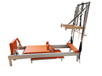 Reformer de media torre de aluminio clásico con logotipo personalizable, cama elevada y barra de pies ajustable para fortalecer el core