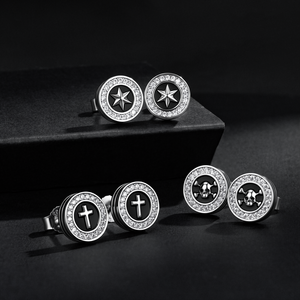 Pendientes Negros Vintage para Hombre, Plata de Ley S925, Chapados en Oro de 14K, con Circonitas Cúbicas, Hipoalergénicos, Estilo Hiphop, con Diseño de Estrella, Brújula y Cruz - Product Image 1