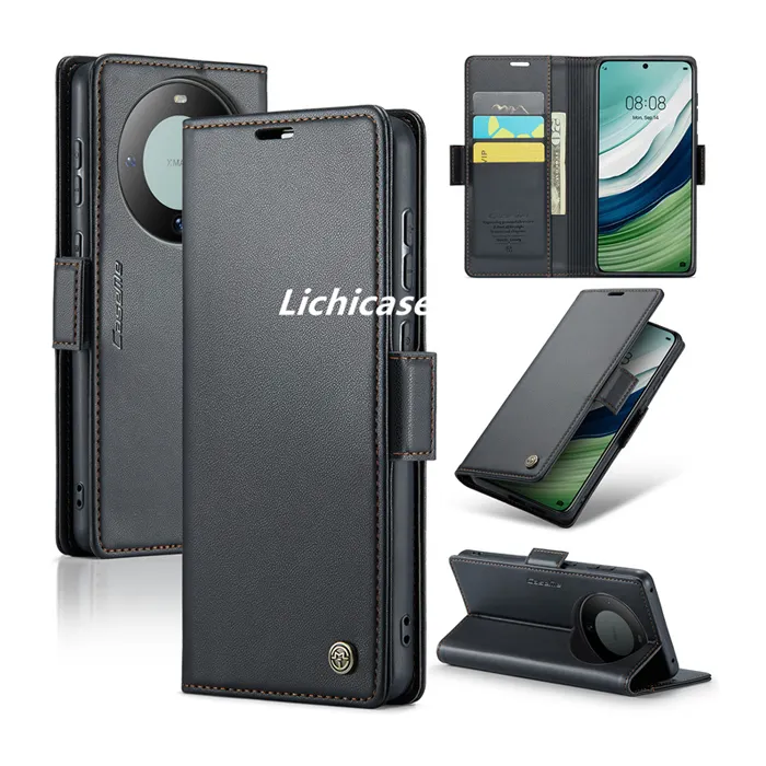 Lichicase แม่เหล็กไร้สายชาร์จมัลติฟังก์ชั่นุ่ม TPU ฝาครอบหนัง PU สําหรับ Huawei Mate 60 เคสโทรศัพท์