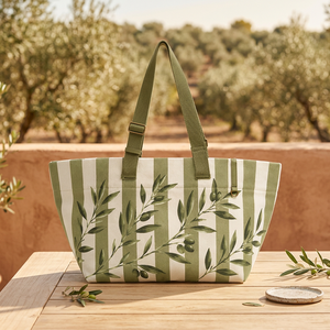 Custom Printed Olive Leaf Striped Cotton Canvas <b>Tote</b> Shopping <b>Bag</b> <b>with</b> Adjustable <b>Shoulder</b> <b>Strap</b> - Product Image 1