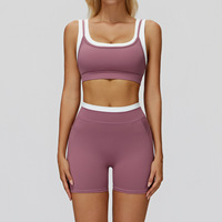 Kleurcontrast Nude Seamless Rib Yoga BH & High Waist Shorts Set, Workout Gym Fitness Activewear Outfit voor Dames