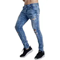 2020 denim garment factory Men's Casual Mid Waist Hole Elastic Jeans for Men