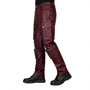 Pantalones Casuales de Cuero Genuino para Hombre, Color Borgoña, Corte Ajustado, Múltiples Bolsillos, Estilo Motociclista, Punk, Hip Hop, Tácticos - Product Image 5