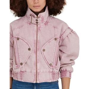 Blouson bombardier court à manches bouffantes et épaules tombantes délavées à l'acide sur 100% veste cargo en denim de coton à col montant et logo en relief - Product Image 3