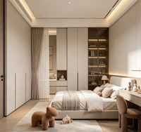 Armoire Japandi en panneaux de particules couleur crème avec rideaux de porte en tissu, service de conception 3D pour appartement, fermeture douce, placard intégré