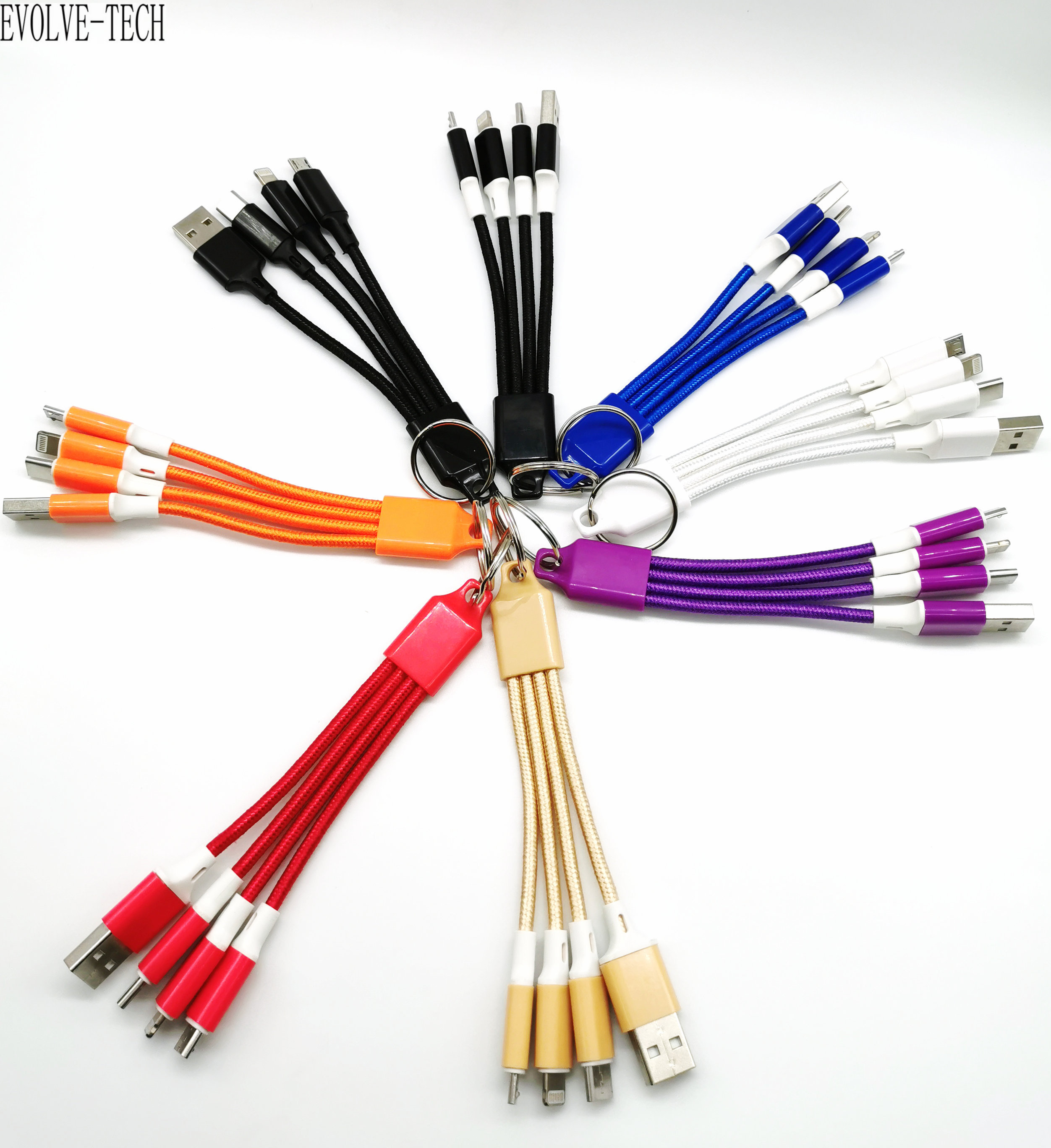 Wholesale 0.13m 3 in 1Fabric braided 8pin/micro/type c/USB2.0 keychain 2A charger cable for iphone android