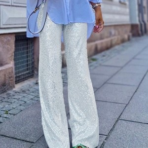 Pantalon droit à paillettes pour femme, nouveau modèle, taille haute, couleur unie, pour soirées, tenues de fête, mode streetwear, noir - Product Image 6