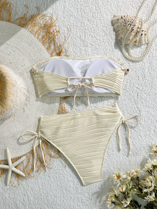 Women Bandeau Bikini Set Shell Textured Strapless 2 Piece Swimwear Drawstring Front Logo Quick Dry <b>Beach</b> Bathing Suit Wholesale - Product Image 6