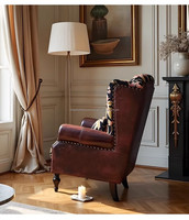 Europäischer Vintage Einzels ofa Sessel Blumen polster Leder Wingback Lounge Chair für Wohnzimmer