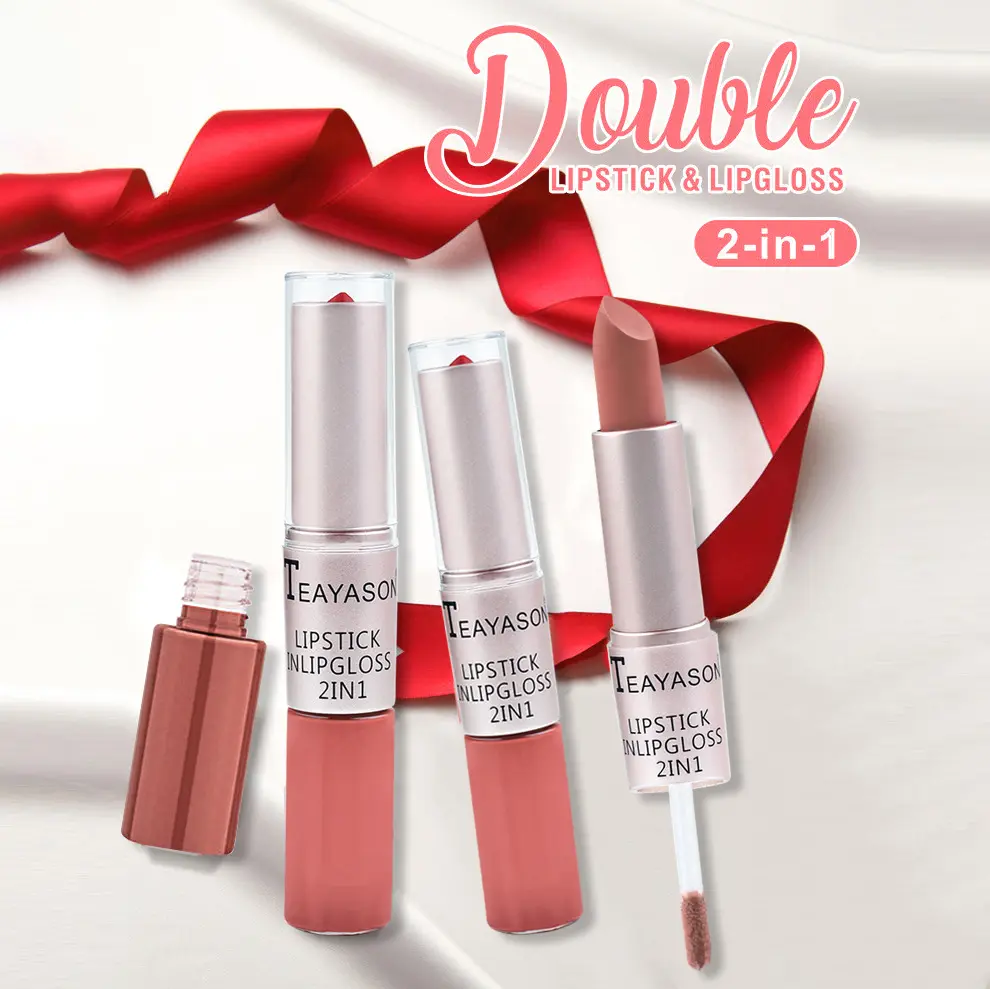 2-en-1 Double tête longue durée mat pâte de haricots couleur mat brillant à lèvres liquide rouge à lèvres teinte de lèvres maquillage lèvres Liner