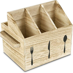 Caja de almacenamiento de cubiertos de madera con 4 compartimentos y asas para uso en la encimera de la cocina - Product Image 1