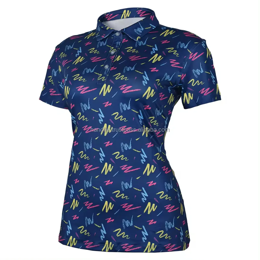 T-shirt untuk wanita sublimasi poliester polos desain kustom sejuk 4 cara dan logo wanita cetak kaus golf polo