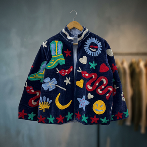 Premium Hand Embroidered <b>Velvet</b> Jacket Stand Collar Full Sleeve Autumn <b>Women's</b> <b>Coat</b> With Colorful Patchwork Design - Product Image 2