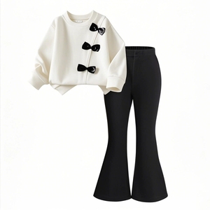 Completo Autunnale per Bambini Stile Europeo: <span class=keywords><strong>Felpa</strong></span> a Maniche Lunghe con Fiocco + Pantaloni a Zampa Tinta Unita, Set Due Pezzi per Bambina 6 Anni - Product Image 4