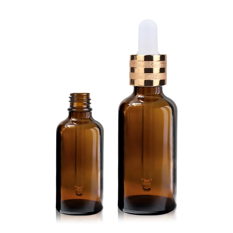 Wholesale Custom Golden Amber Round Cosmetic Pipette Hair 20ml 30ml 50ml Push Serum Eliquid Essential Oil Glass Dropper Bottle