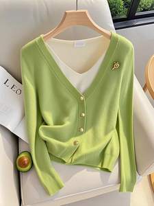 Design Chic unico da <span class=keywords><strong>donna</strong></span> autunno inverno collo a V <span class=keywords><strong>verde</strong></span> due pezzi maglia a maniche lunghe <span class=keywords><strong>Cardigan</strong></span> con Base in maglia stile Casual - Product Image 6