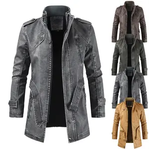 2023 Autumn/Winter New Men's Mid length Casual Fashion PU Leather Suit Standing Collar Slim Fit Youth Trench