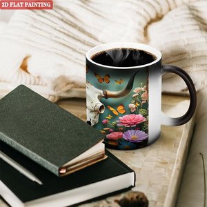 Frosted Black <b>Ceramic</b> <b>Mug</b> 11oz Heat Sensitive Color Changing Tea Cup With Skull And Flowers Design - Product Image 3
