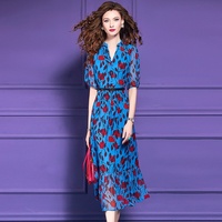 Robe d'été respirante et ajustée à manches courtes FMY62924, jupe trapèze imprimée bleue, taille haute, élégante et tendance pour femme