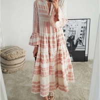 Bohème géométrique été imprimé col en V manches longues femmes Maxi robe respirant lavable pour les vacances à la plage Technique naturelle
