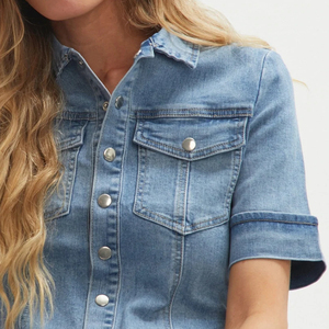 Camicette estive <span class=keywords><strong>da</strong></span> <span class=keywords><strong>donna</strong></span> a maniche corte <span class=keywords><strong>Jeans</strong></span> blusa con colletto spalabile con bottone con bottone e bottone con bottone <span class=keywords><strong>in</strong></span> Denim camicia - Product Image 3