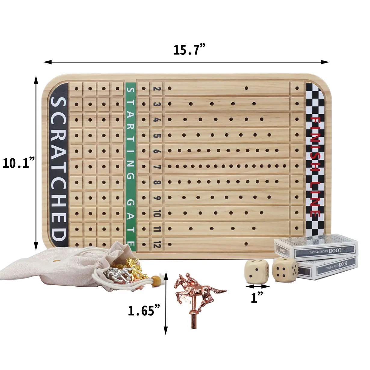 16 इंच ठोस लकड़ी 11 धातु या लकड़ी के घोड़े 2 पासा और 2 कार्ड फिनिश लाइन हॉर्स रेसिंग गेम हॉर्स रेस बोर्ड के साथ