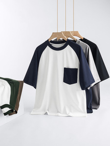 Camiseta <span class=keywords><strong>Juvenil</strong></span> Holgada de Manga Corta Raglán para Hombre, de Verano, Tejida, Lisa, Antibolitas, 100% Algodón, con Bolsillo de Parche, Transpirable - Product Image 2