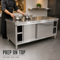 Table de préparation en acier inoxydable sur mesure pour cuisine commerciale de restaurant avec armoire de rangement coulissante simple et double