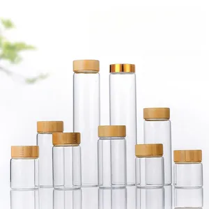 Frasco de vidro para tubo de ensaio de borosilicato, frasco de vidro transparente com tampa de metal e bambu, de alta qualidade, 47 mm de diâmetro