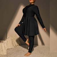 Burkini musulman traditionnel pour femmes, couleur unie, tout noir, ensemble de maillots de bain musulmans 3 pièces, comprenant une jupe à manches longues avec chapeau +le