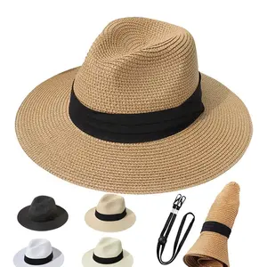 UPF50+ Foldable Women Wide Brim Straw Panama Beach Sun Hat Packable Wide Brim Panama Roll up Hat Fedora Beach Sun Straw Hat