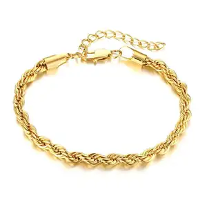 Wholesale Custom PVD 18K Gold Plated Stainless Steel Fine Jewelry 5MM Thick Woven Twisted Rope Chain Bracelet Women