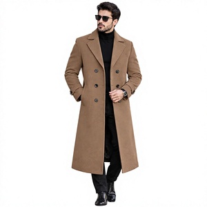 <b>Men's</b> <b>Long</b> <b>Wool</b> <b>Overcoat</b> Double Breasted Notched Lapel Slim Fit Winter Coat Brown Thick Material Classic Style - Product Image 1