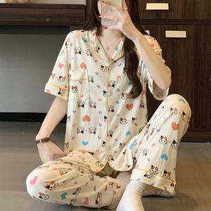 Conjunto de pijama de manga corta para mujer, estilo coreano, lindo y elegante, de tela arrugada - Nueva colección de primavera - Product Image 2