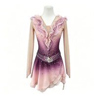 Robe de patinage artistique à volants dégradé rose-violet, dos en V profond, jupe en mousseline ornée de strass, costume de performance de compétition personnalisé