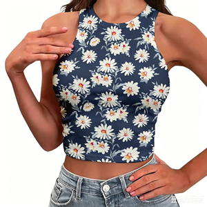 Vente en gros de débardeurs courts pour femmes à imprimé floral personnalisé, col rond, sans manches, pour femmes - Product Image 1