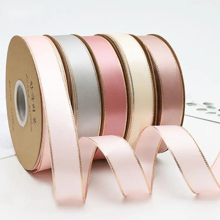 1 inch(25 mm)Solid Color Golden Edge Double Sided Satin Ribbon for Gift Box Packing