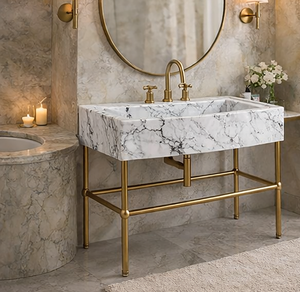Lavabo in Marmo Bianco e Nero Personalizzato con Gambe in Ottone, <span class=keywords><strong>Lavandino</strong></span> in Pietra Naturale, Lavabo Moderno da Parete in Marmo - Product Image 4