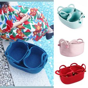 Ensemble de 3 paniers de rangement en coton tissé rond multicolores Pompons rouges pour cadeau de Noël - Product Image 6